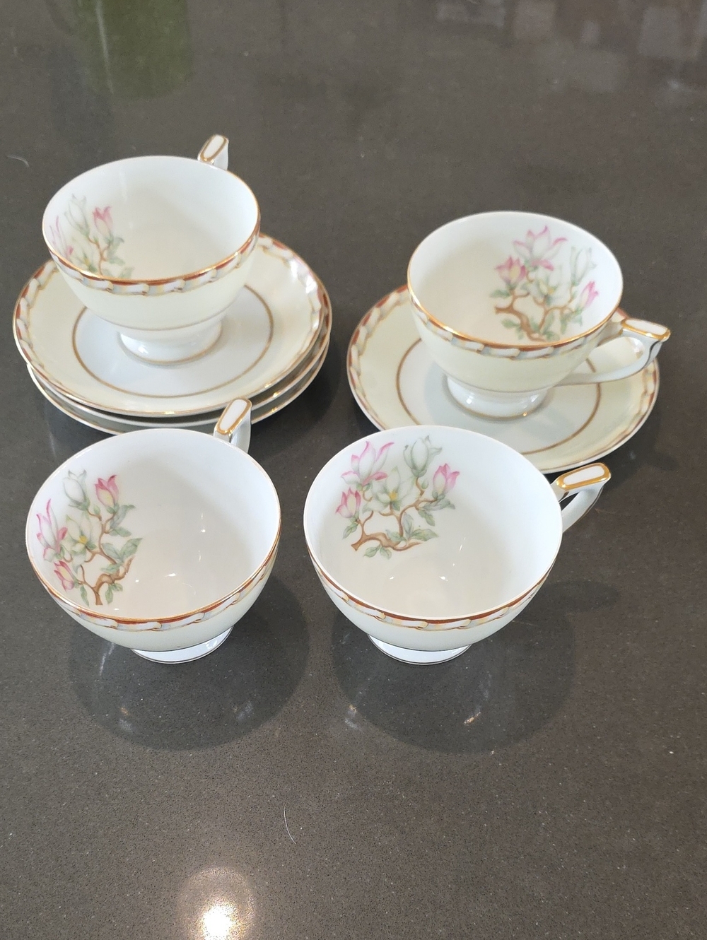 Mikado Porcelain Tea Cup and Saucer Set with Pink Floral Accents and Gold Trim